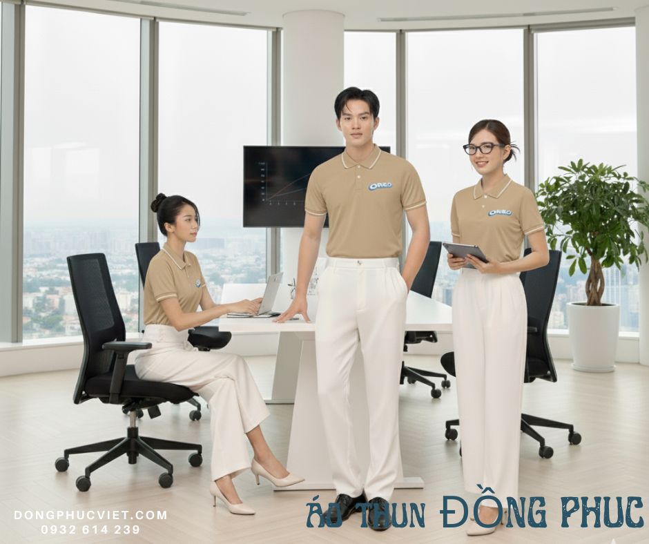 áo thun đồng phục màu be cổ 1 sọc
